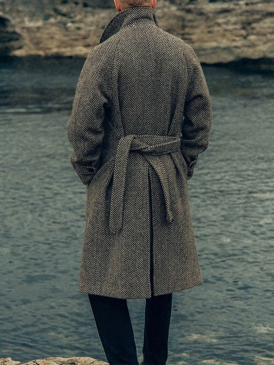 Long Herringbone Pattern Wool Blend Coat