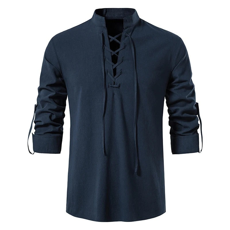 Lace-Up Shirt with Stand-Up Collar