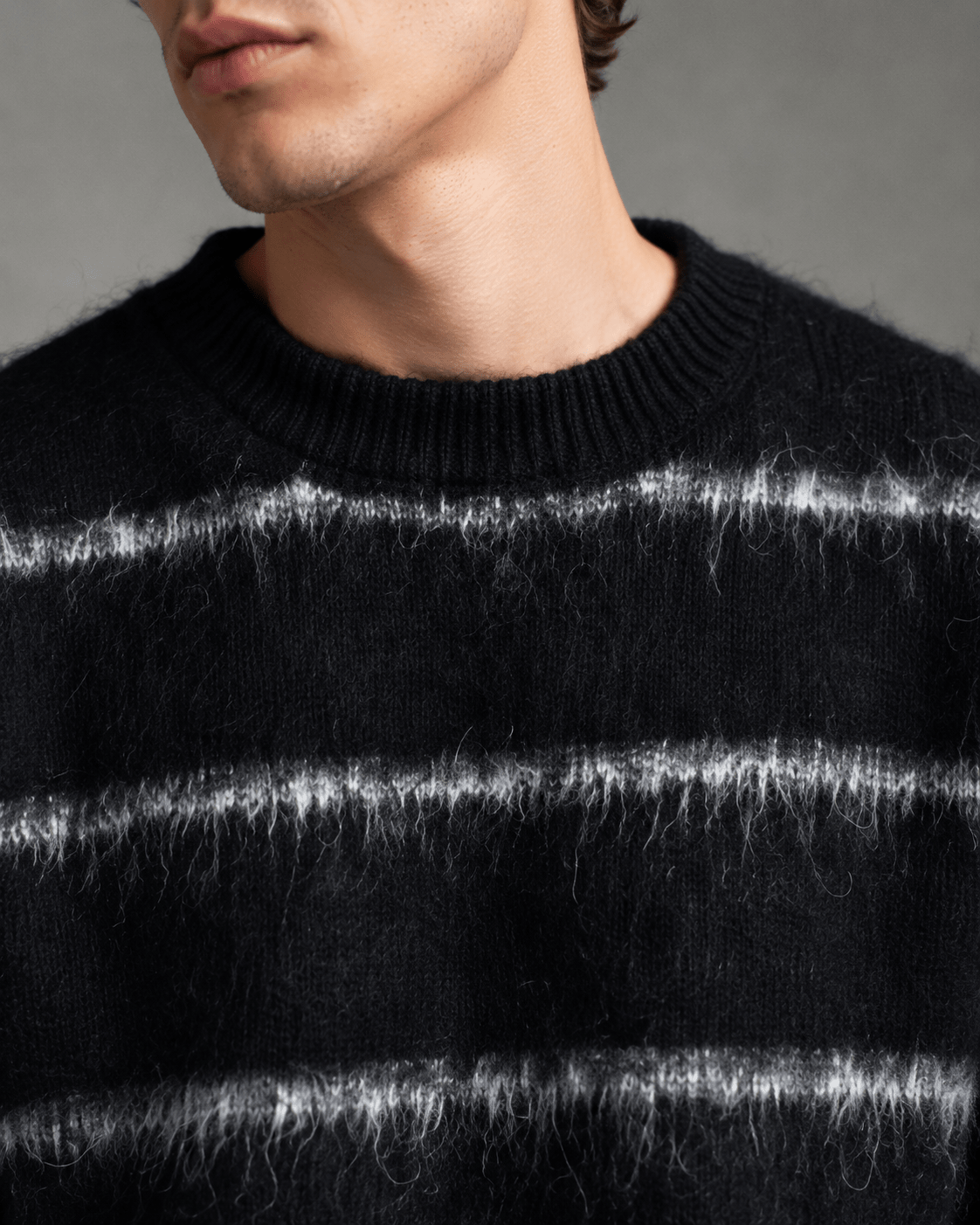 Men's Fuzzy Striped Knit Sweater Black Off White - Harren Cole