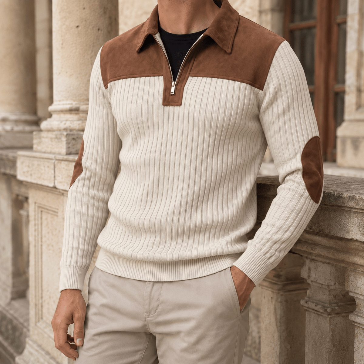 Ribbed Quarter Zip Sweater With Elbow Patches - Harren Cole