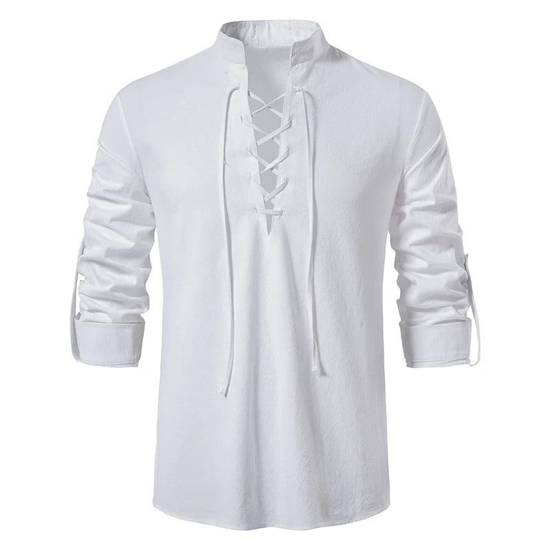 Lace-Up Shirt with Stand-Up Collar