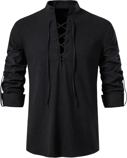 Lace-Up Stand Collar Shirt for Men
