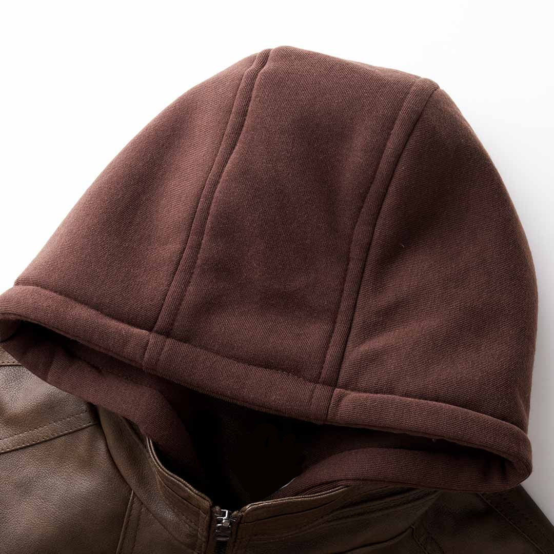 close-up of a removable hoodie on a brown leather jacket
