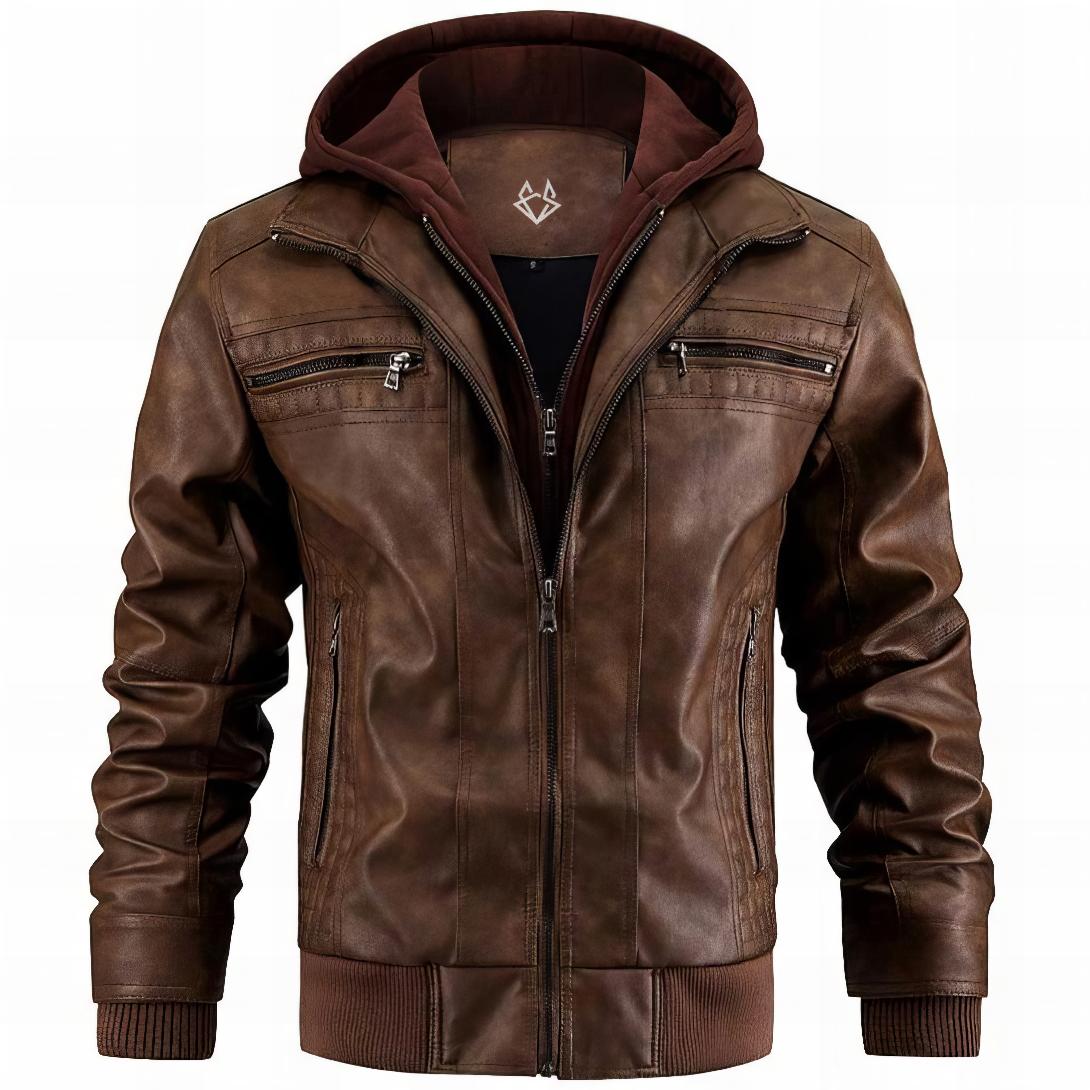 brown leather jacket with a hooded neck