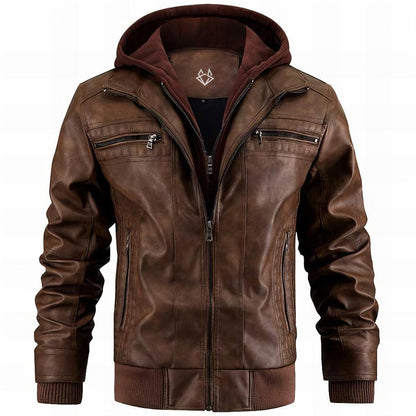 brown leather jacket with a hooded neck