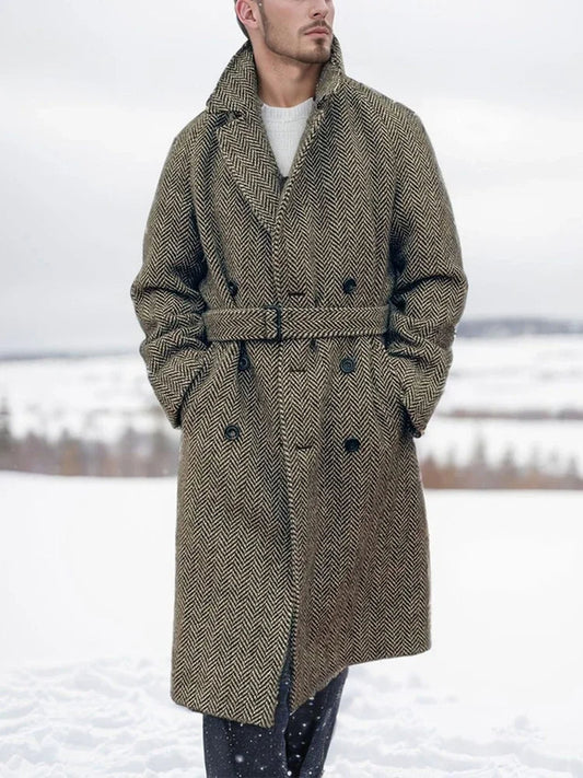 Long Herringbone Pattern Wool Blend Coat