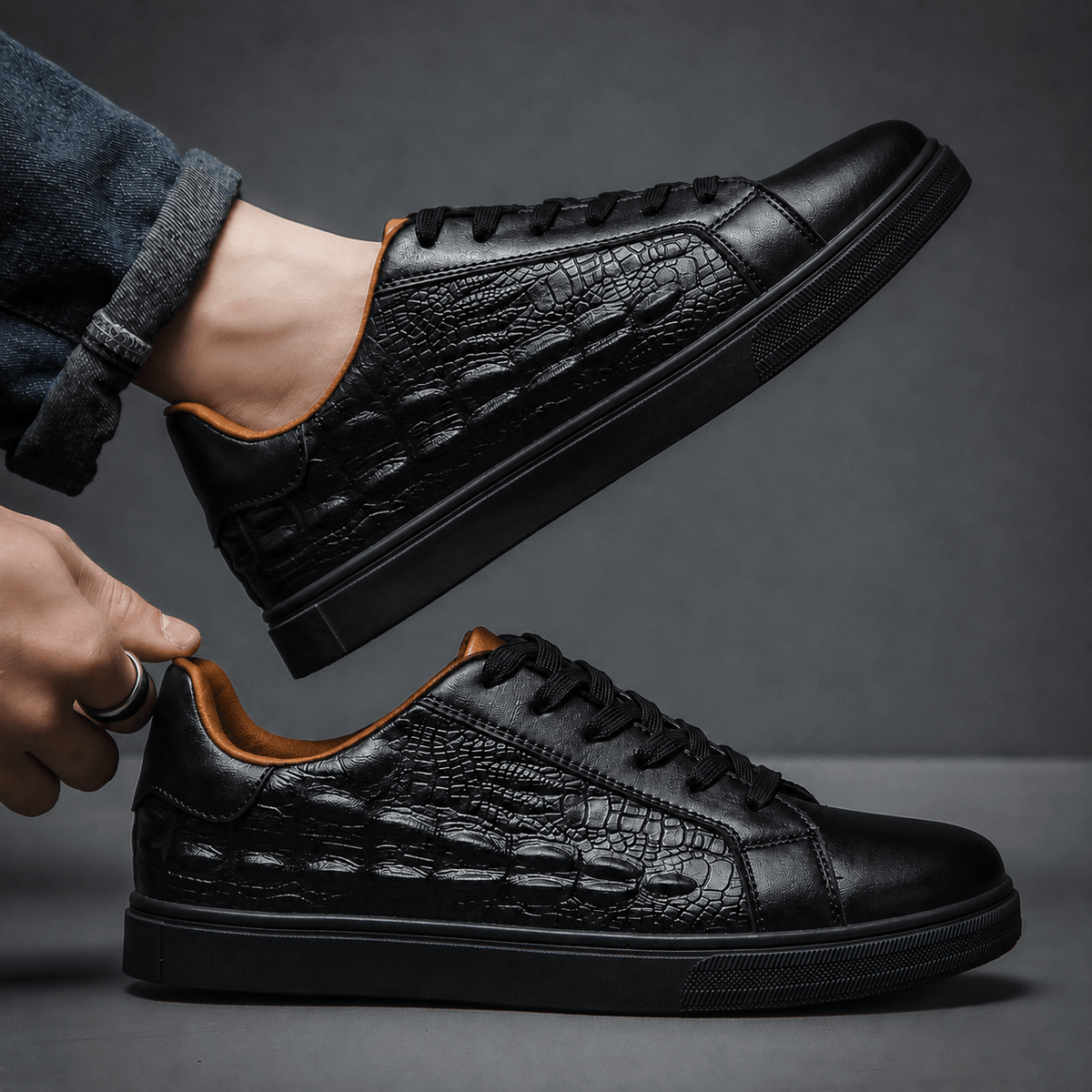 Crocodile Textured Leather Court Sneakers - Harren Cole