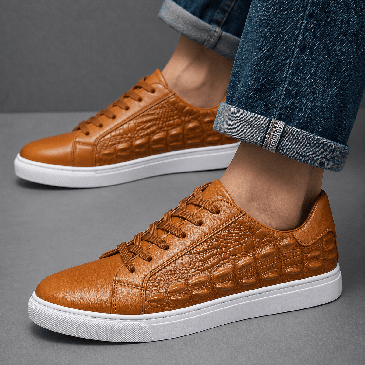 Crocodile Textured Leather Court Sneakers - Harren Cole