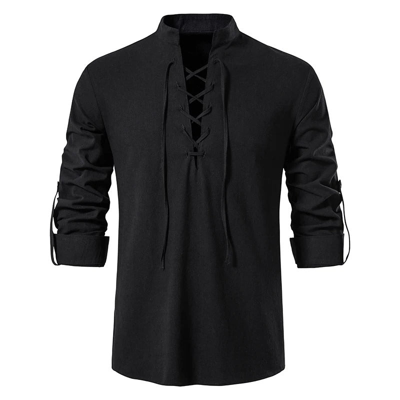 Lace-Up Stand Collar Shirt for Men