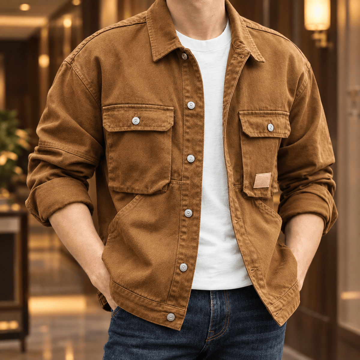 Denim Utility Jacket With Four Pockets - Harren Cole