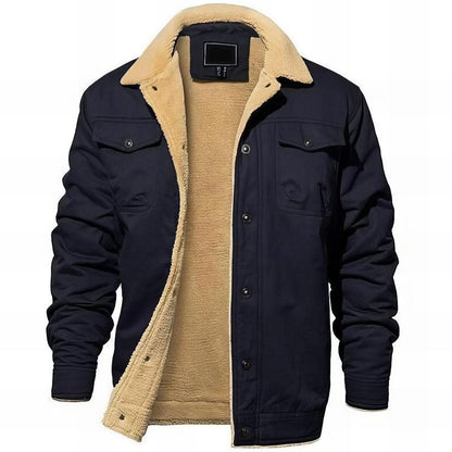 dark blue jacket with pockets and sherpa lining