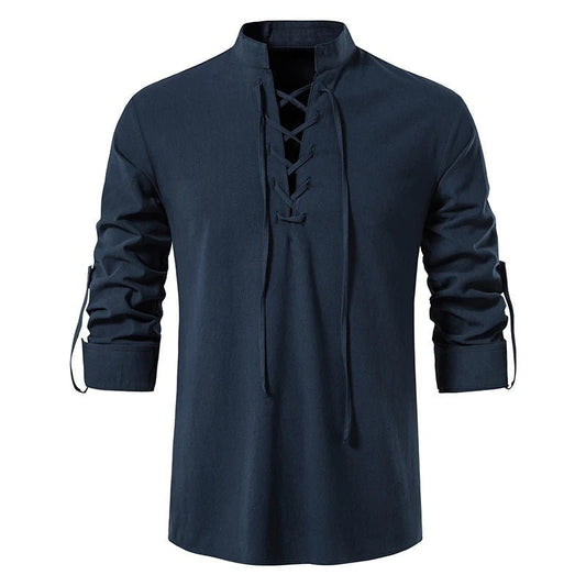 Lace - Up Shirt with Stand - Up Collar - Harren Cole