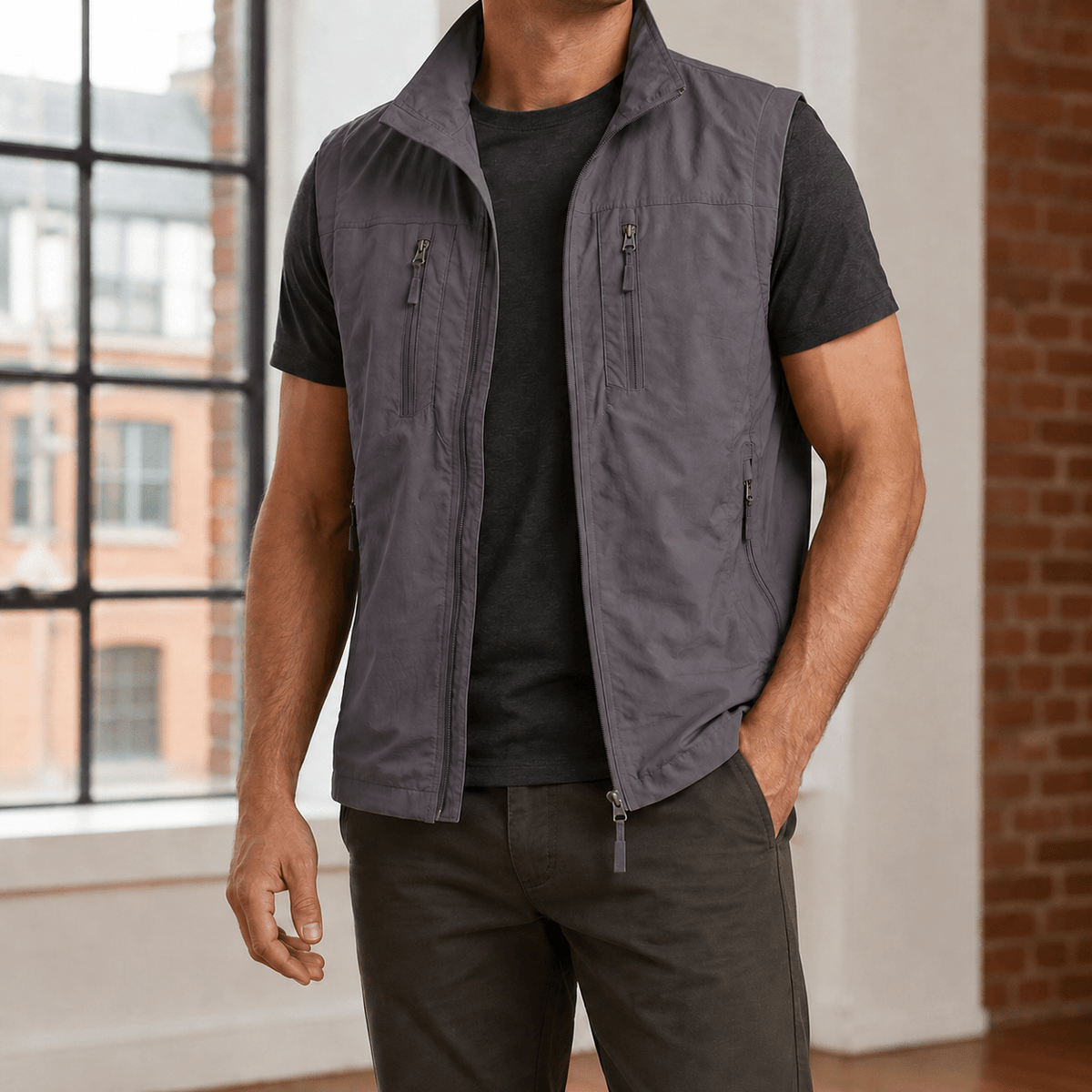 Lightweight Utility Vest With Stand Collar - Harren Cole