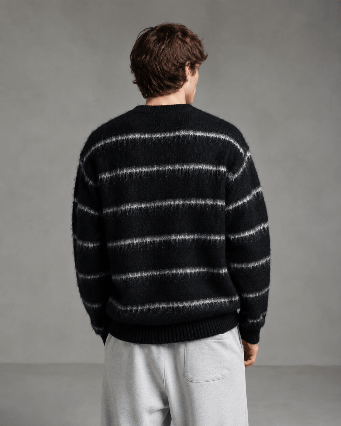Men's Fuzzy Striped Knit Sweater Black Off White - Harren Cole