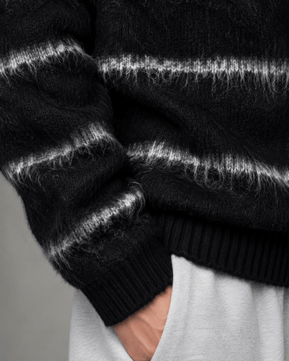 Men's Fuzzy Striped Knit Sweater Black Off White - Harren Cole