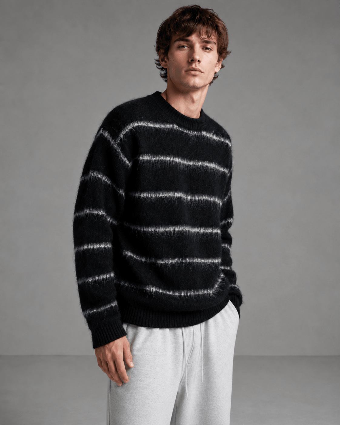 Men's Fuzzy Striped Knit Sweater Black Off White - Harren Cole