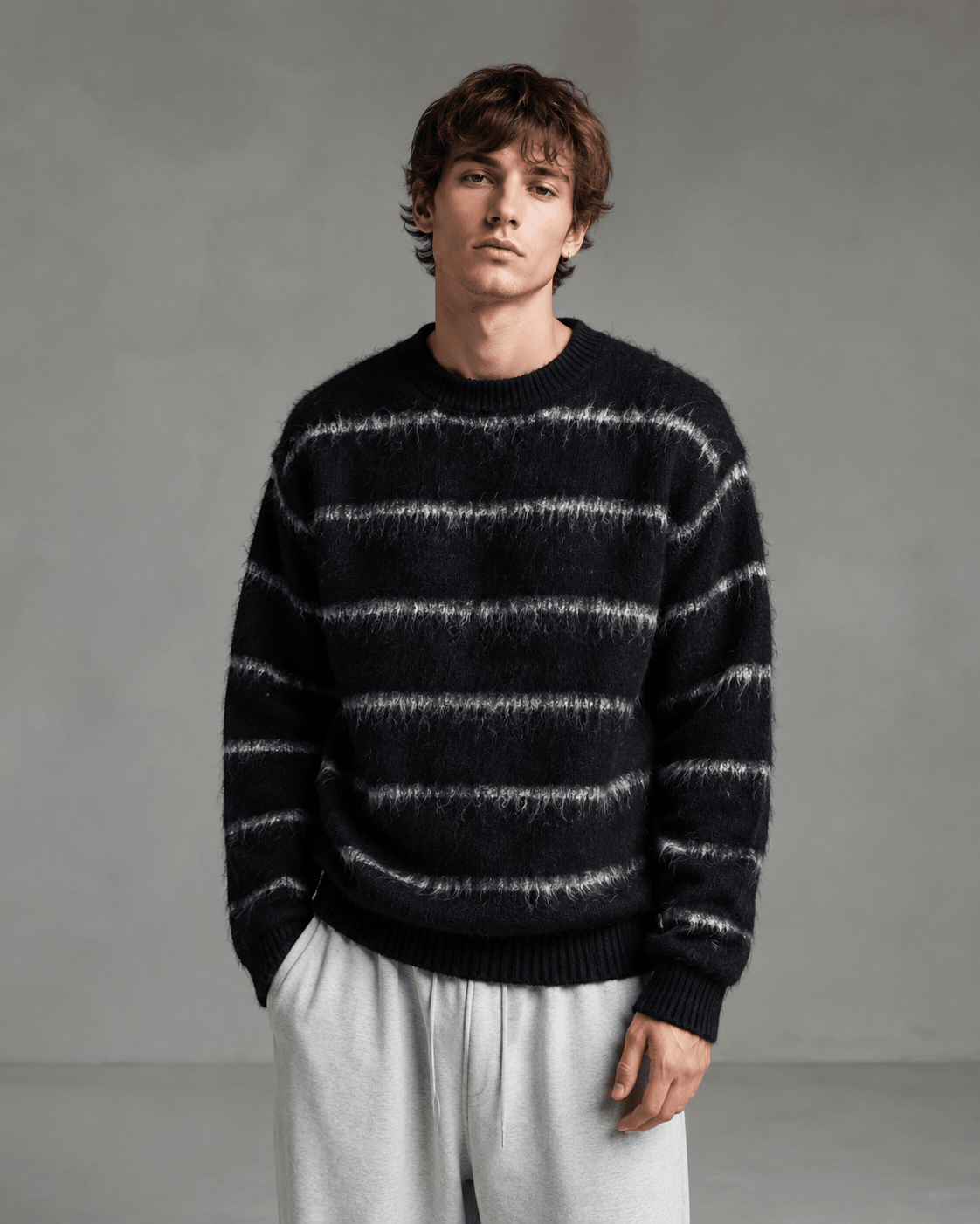 Men's Fuzzy Striped Knit Sweater Black Off White - Harren Cole
