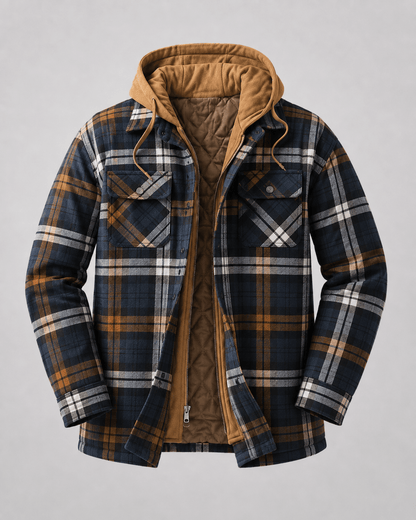 Men's Hooded Plaid Shacket Quilted Lined Zip Front - Harren Cole