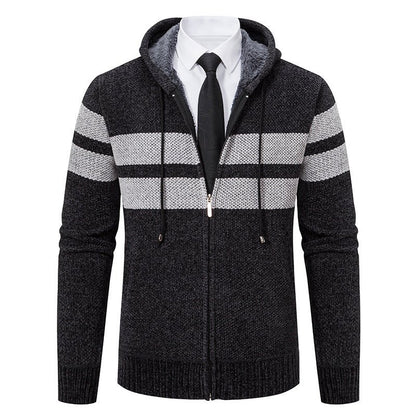 Men's Knit Hooded Jacket With Teddy Lining Contrast Stripes - Harren Cole