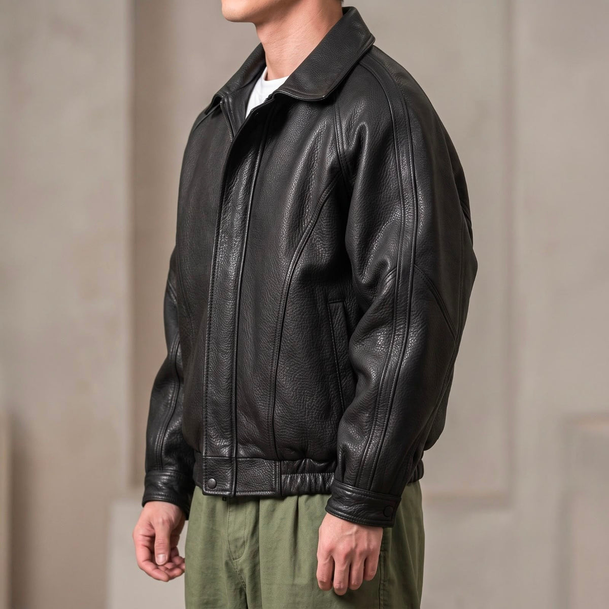 Men's Leather Jacket With Collar And Front Zipper - Harren Cole