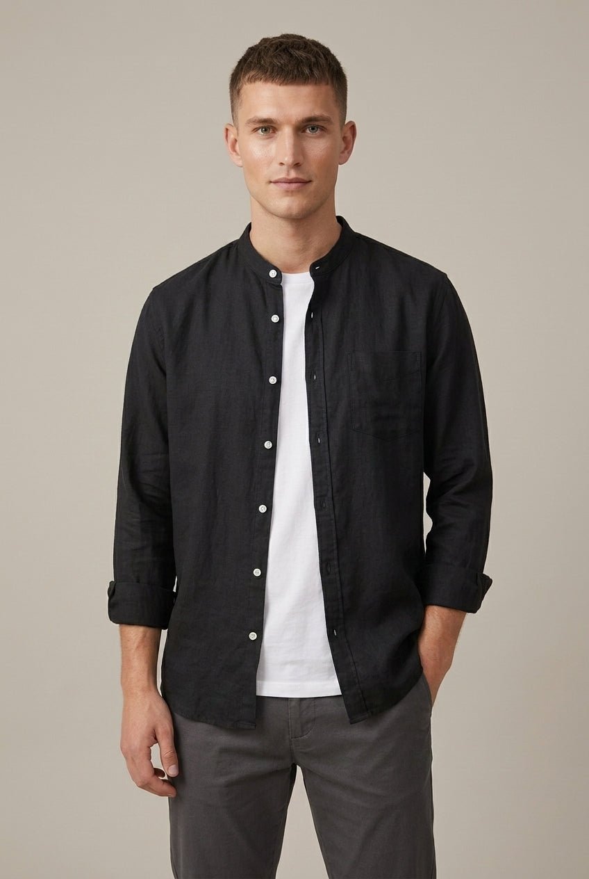 Men's Linen Blend Band Collar Shirt With Pocket - Harren Cole