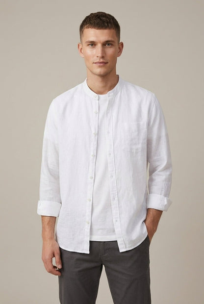 Men's Linen Blend Band Collar Shirt With Pocket - Harren Cole
