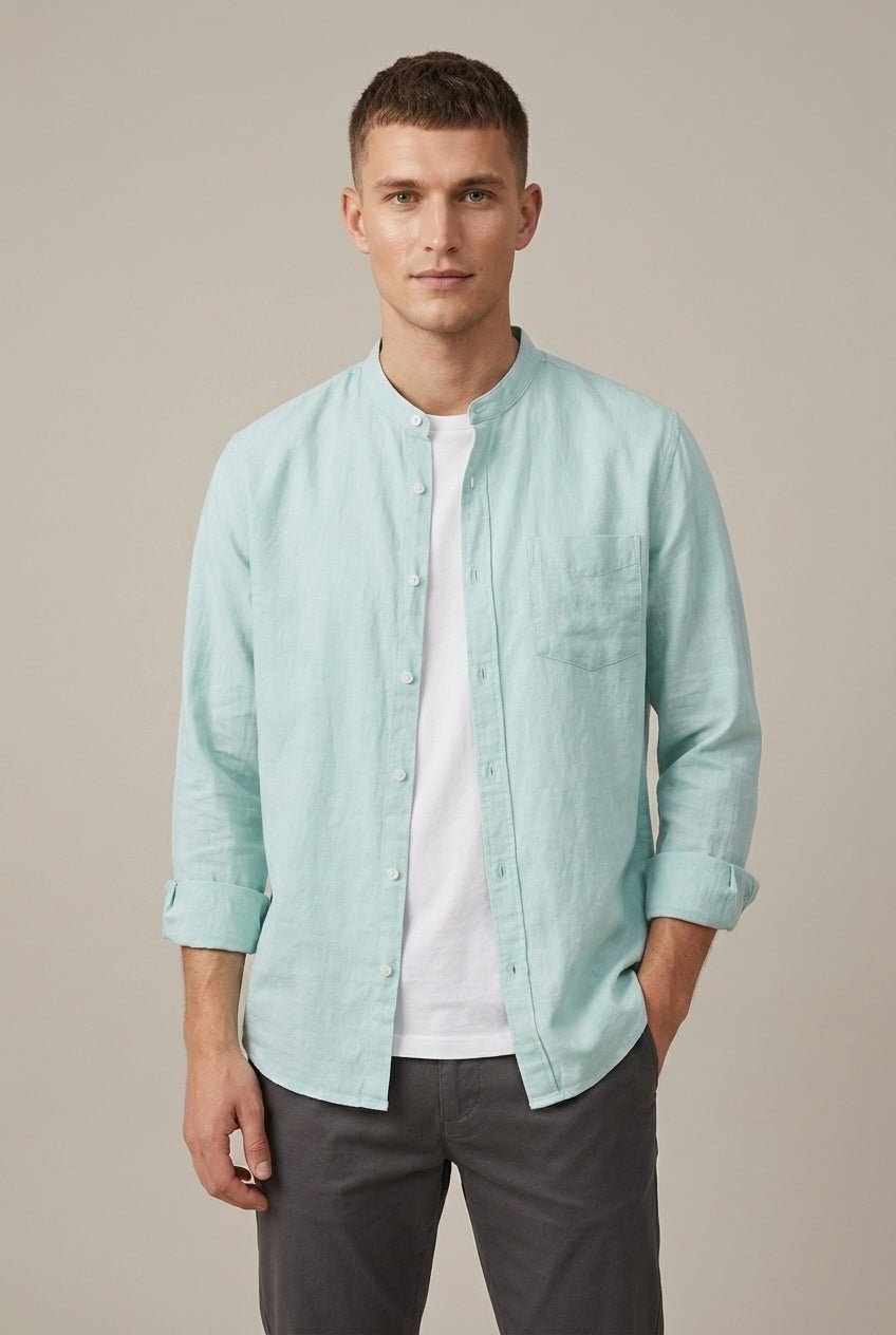 Men's Linen Blend Band Collar Shirt With Pocket - Harren Cole