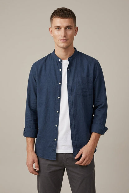 Men's Linen Blend Band Collar Shirt With Pocket - Harren Cole