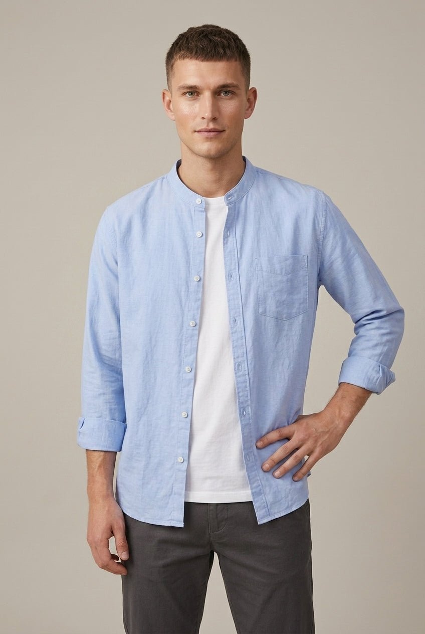 Men's Linen Blend Band Collar Shirt With Pocket - Harren Cole