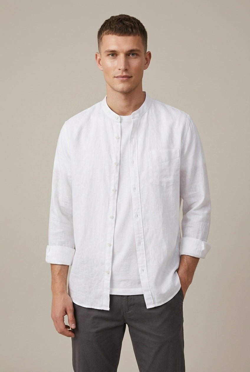 Men's Linen Blend Band Collar Shirt With Pocket - Harren Cole