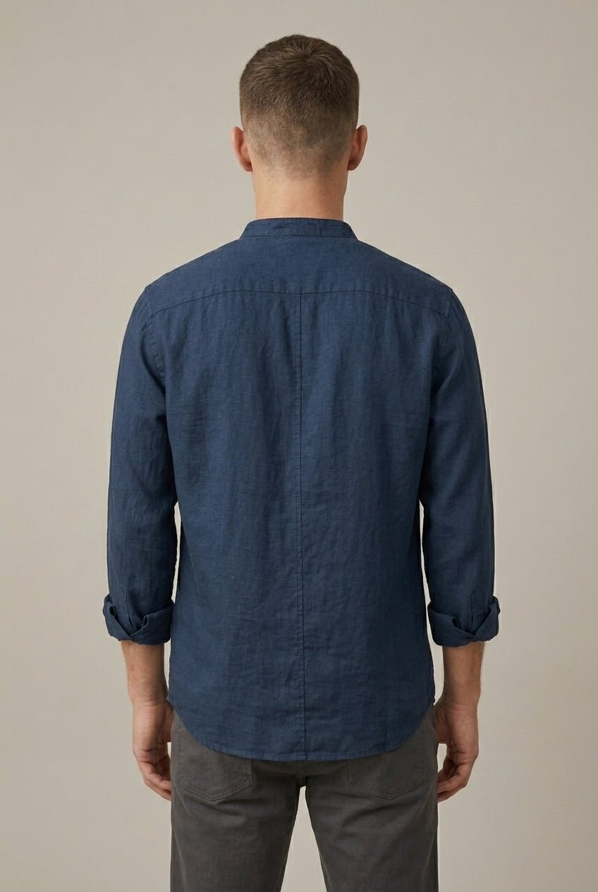 Men's Linen Blend Band Collar Shirt With Pocket - Harren Cole