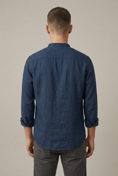Men's Linen Blend Band Collar Shirt With Pocket - Harren Cole