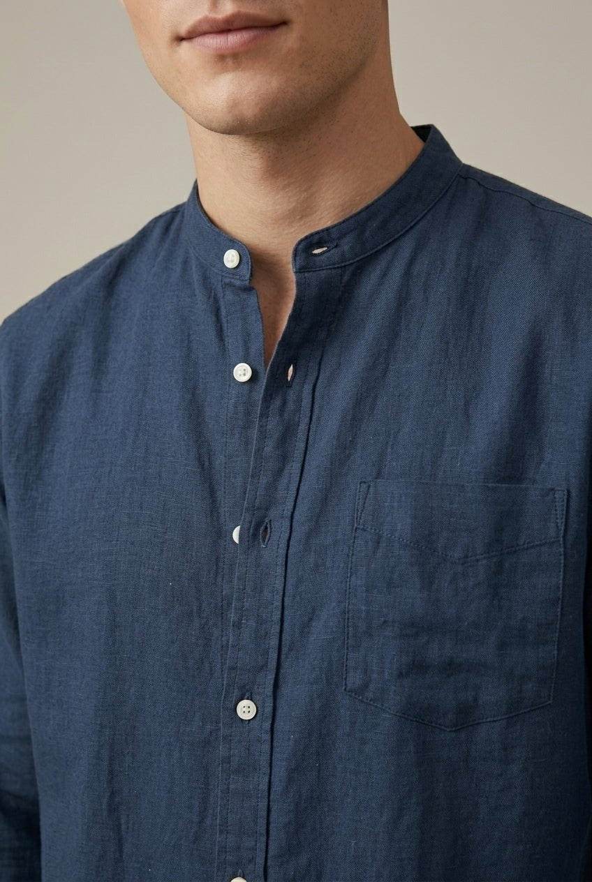 Men's Linen Blend Band Collar Shirt With Pocket - Harren Cole