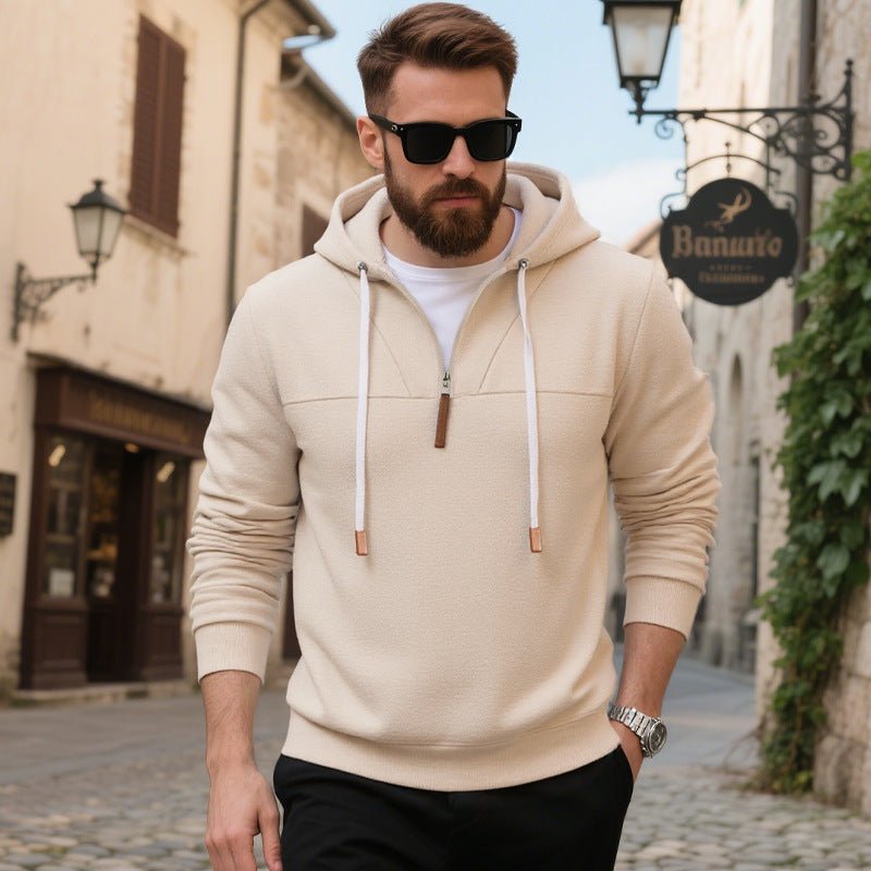 Men's Soft Fleece Half Zip Hoodie With Leather Trim - Harren Cole