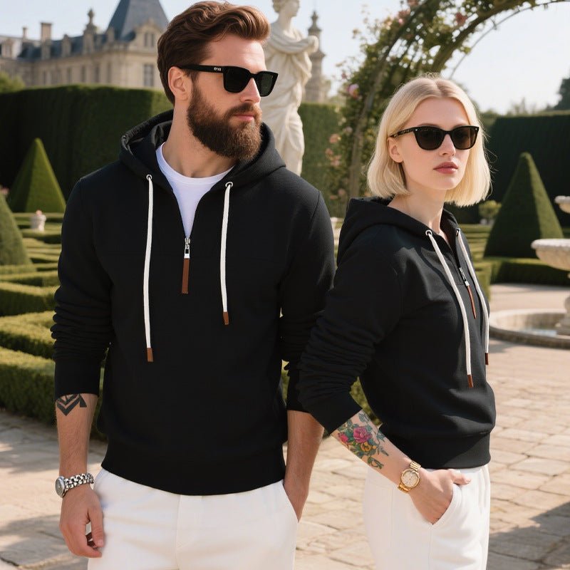 Men's Soft Fleece Half Zip Hoodie With Leather Trim - Harren Cole