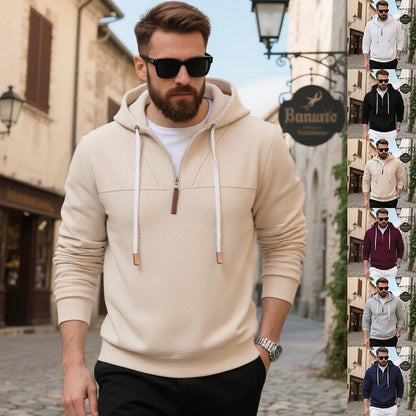 Men's Soft Fleece Half Zip Hoodie With Leather Trim - Harren Cole