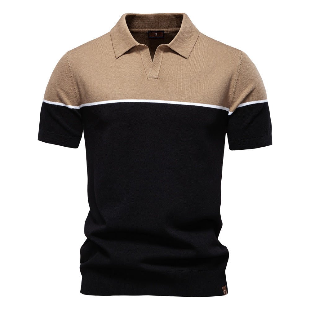 Men's Two - Tone V - Neck Polo Shirt with Ribbed Cuffs - Harren Cole