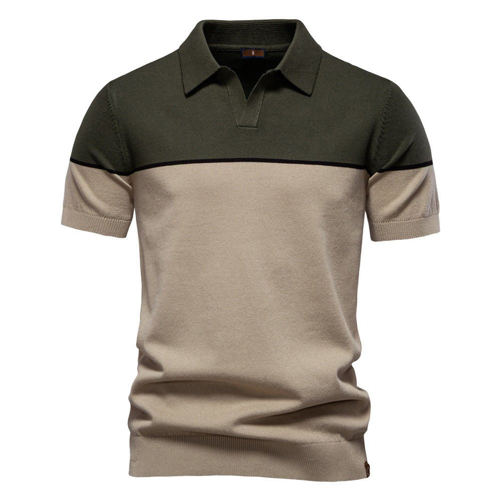 Men's Two - Tone V - Neck Polo Shirt with Ribbed Cuffs - Harren Cole