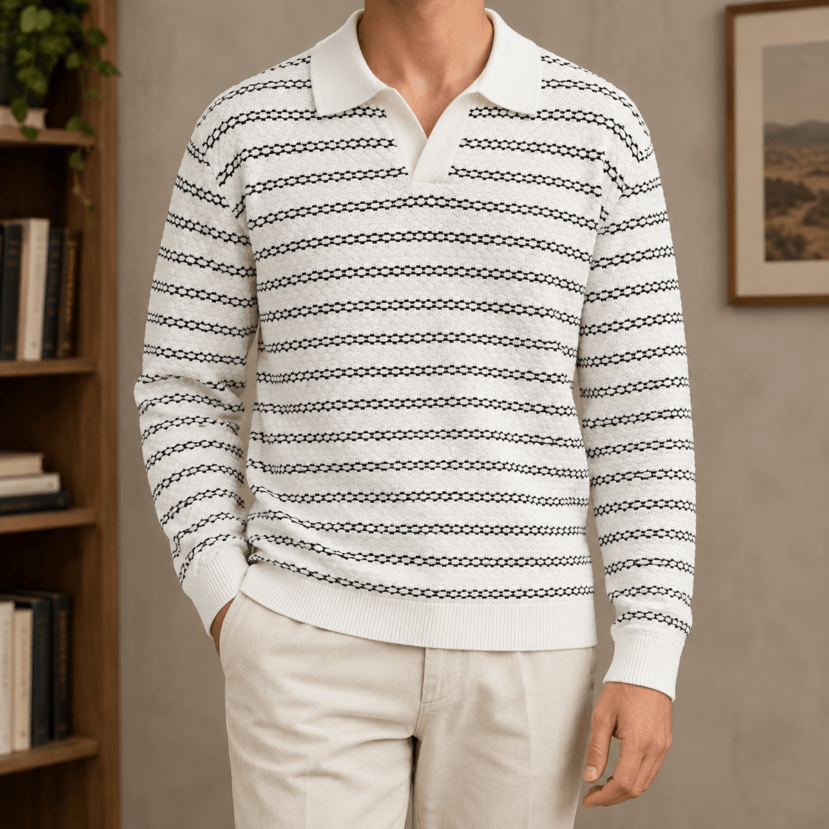 Open Collar Striped Linen Blend Polo - Harren Cole