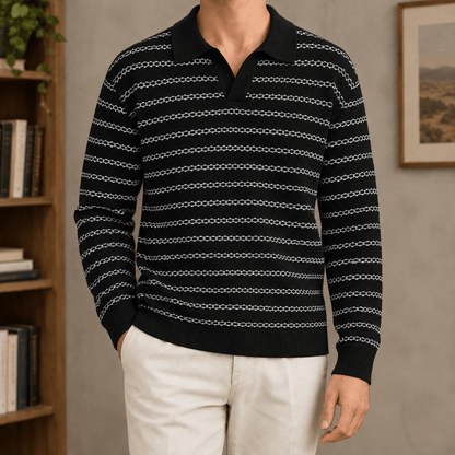 Open Collar Striped Linen Blend Polo - Harren Cole