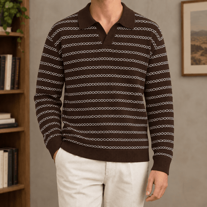 Open Collar Striped Linen Blend Polo - Harren Cole