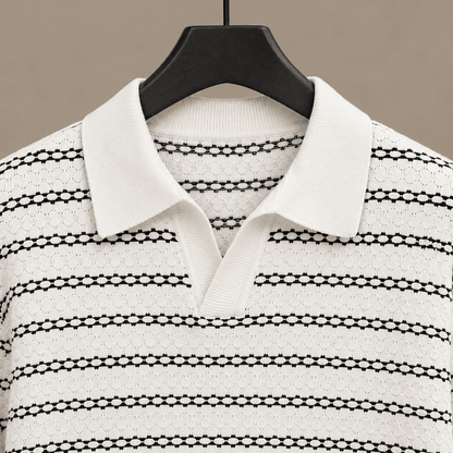 Open Collar Striped Linen Blend Polo - Harren Cole