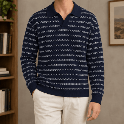 Open Collar Striped Linen Blend Polo - Harren Cole