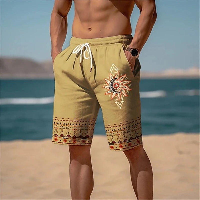 Printed Beach Shorts with Sun Motif - Harren Cole