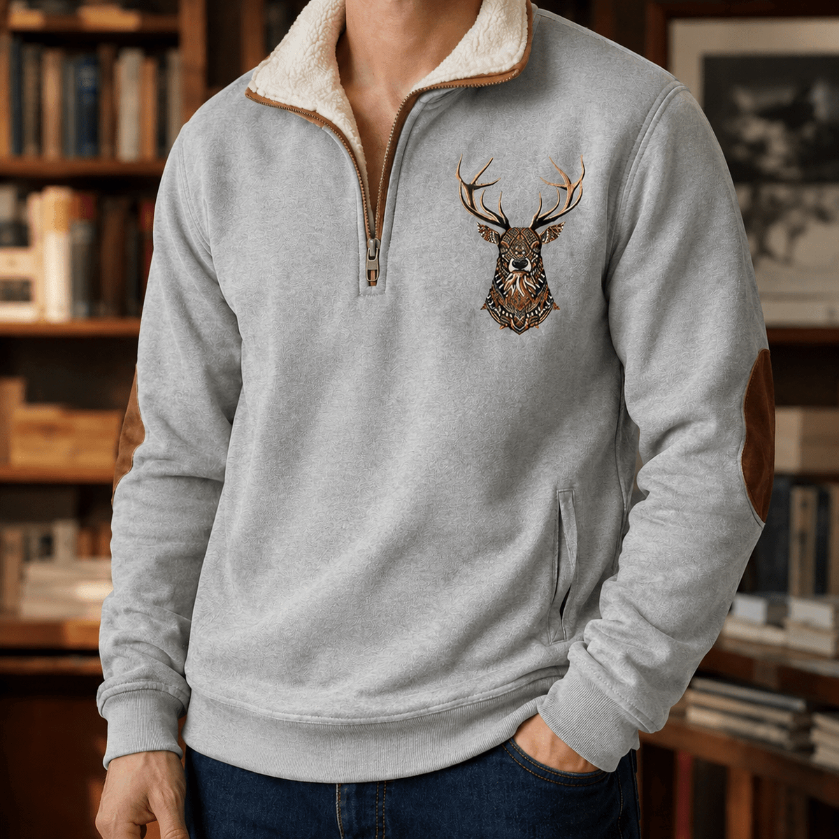 Quarter Zip Knit Sweater With Deer Motif - Harren Cole