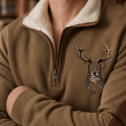 Quarter Zip Knit Sweater With Deer Motif - Harren Cole