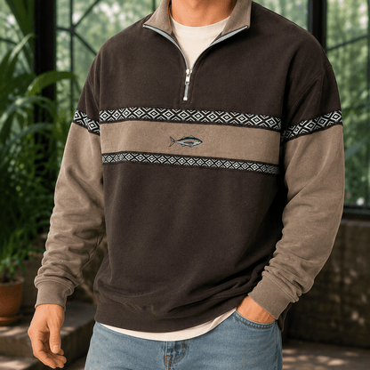 Quarter Zip Knit Sweater With Geometric Bands - Harren Cole