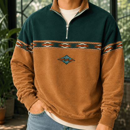 Quarter Zip Knit Sweater With Geometric Bands - Harren Cole