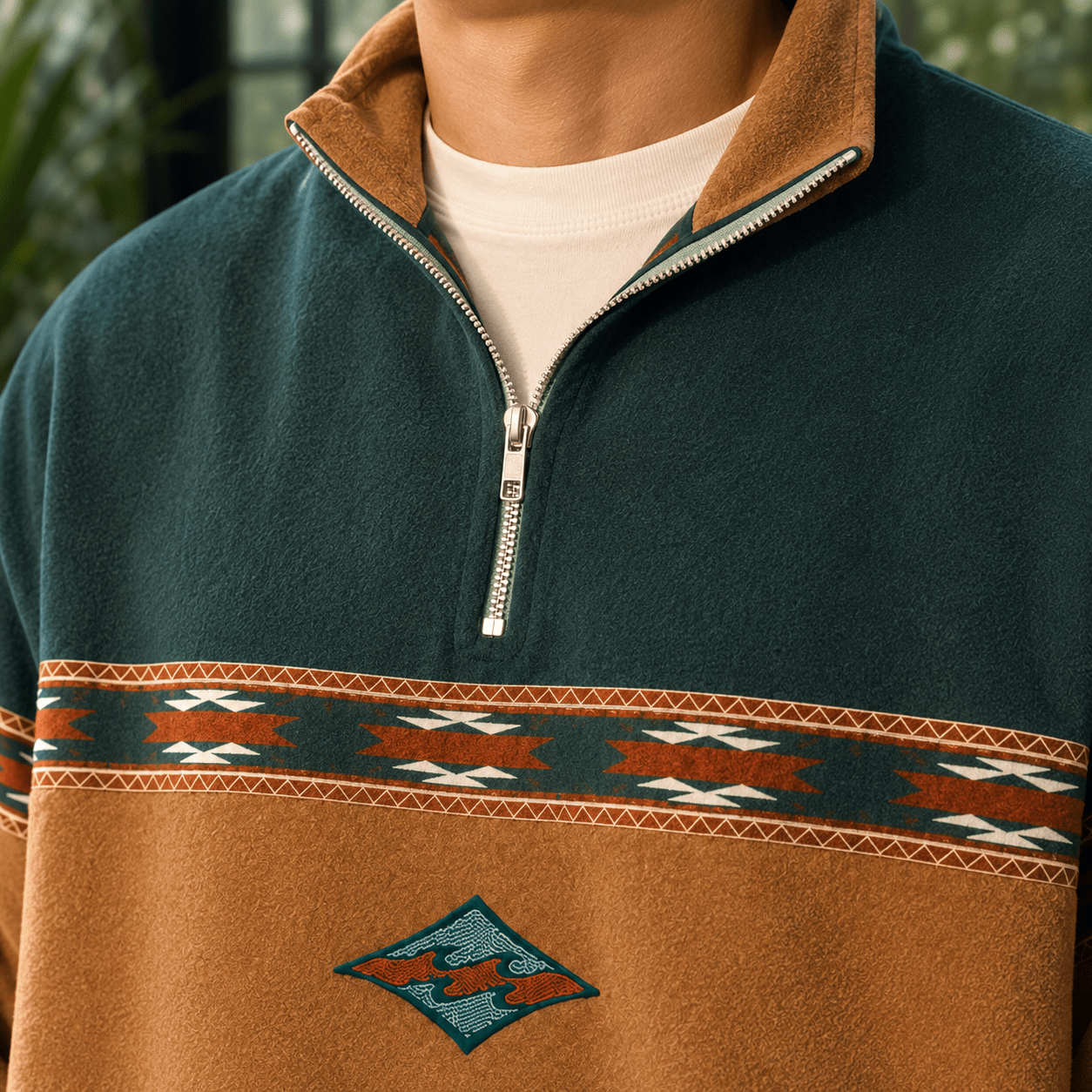 Quarter Zip Knit Sweater With Geometric Bands - Harren Cole