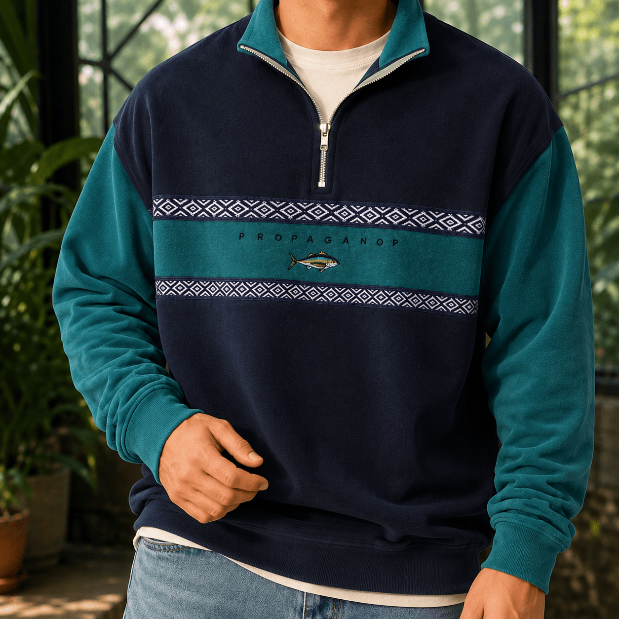Quarter Zip Knit Sweater With Geometric Bands - Harren Cole